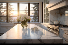 A Modern Kitchen Room With A Large, Sleek Marble Counter, Clear Vase With White Flowers, Luxurious, Background Of Stainless Steel Appliances And Cabinets, Ai Generative