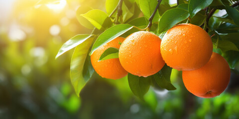 closeup of oranges hanging on orange tree