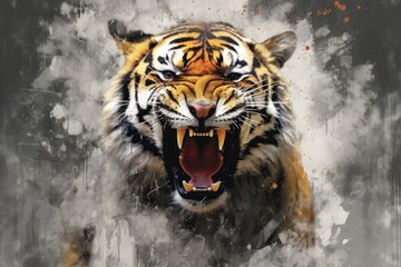 Wall Mural - tiger  form and spirit through an abstract lens. dynamic and expressive tiger print by using bold brushstrokes, splatters, and drips of paint.  tiger raw power and untamed energy