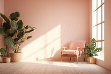 Light Colored Room With A Chair And A Sizable Plant. Conceptual Living Room Interior Minimalist Aesthetic. Generative AI