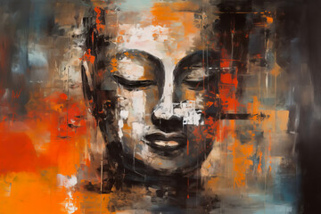 Wall Mural - Oil painting Buddha face with abstract texture on background. Generative ai wall painting, meditation and art concept.