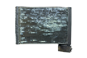 Close up evaporator Dirty cars. Cooling coil air condition car dirty with dust and stick. Nasty with mucus and dust clumping on air fins