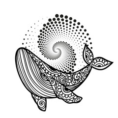 Whale mandala. Vector illustration. Adult coloring page. Whale sea animal in Zen boho style. Peaceful marine. Mystical psychedelic art, Optical illusion