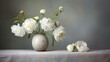 Bouquet of white peony flowers in a ceramic vase. Blooming plants. Generative AI. Illustration for banner, poster, cover, brochure or presentation.