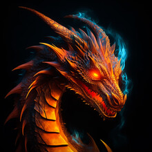 Fire Dragon Head On A Black Background. Generative AI Illistration Of Ancient Red Dragon On Black Background. Dragons Background.