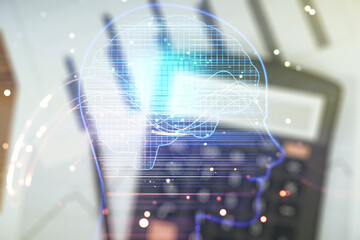 Aufkleber - Double exposure of creative human head microcircuit hologram on calculator and papers background. Future technology and AI concept