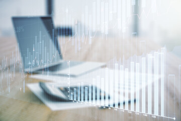 Poster - Multi exposure of virtual abstract financial diagram on calculator and pc background, banking and accounting concept