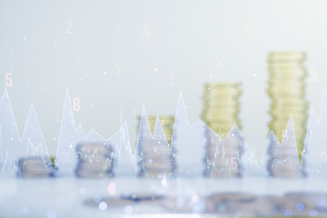 Poster - Multi exposure of creative statistics data hologram on growing stacks of coins background, stats and analytics concept