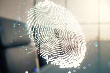 Aufkleber - Multi exposure of virtual graphic fingerprint sketch on a modern furnished classroom background, fingerprint scan data concept