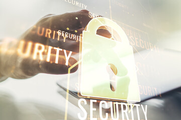 Aufkleber - Creative lock sketch with chip hologram and hand working with a digital tablet on background, protection of personal data concept. Multiexposure