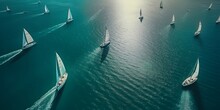 Beautiful Sailboats Sailing In A Team On A Sea Of Turquoise Clarity Was Captured By An Aerial Drone. AI Generative.