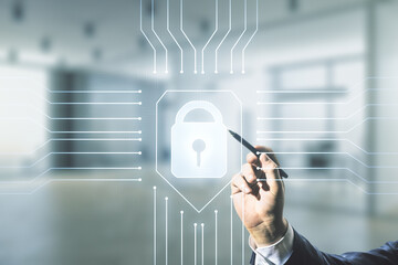 Aufkleber - Developer's hand with pen working with virtual creative lock illustration with microcircuit on blurred office background, cyber security concept. Multiexposure