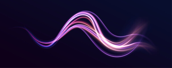 Futuristic dynamic motion technology. Neon color glowing lines background, high-speed light trails effect. Purple glowing wave swirl, impulse cable lines.	