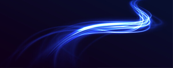Poster - Neon Color Blurred Motion On Speedway. Acceleration speed motion on night road. Panoramic high speed technology concept, light abstract background. Vector illustration.	
