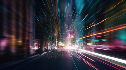 Wall Mural - Road with light trails of passing vehicles. Motion speed light in city. Dynamic background. Town at night with speed traffic. Generative AI. Illustration for banner, poster, cover or presentation.