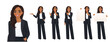 Indian beautiful business woman in different poses set. Various gestures pointing, showing, standing, holding empty blank board isolated vector illustration