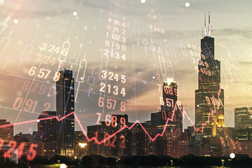 Poster - Double exposure of abstract virtual statistics data hologram on Chicago city skyscrapers background, statistics and analytics concept