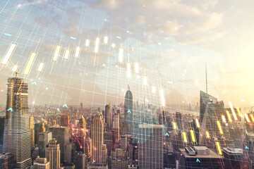 Poster - Multi exposure of abstract financial diagram and world map on Manhattan office buildings background, banking and accounting concept