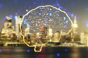 Poster - Double exposure of creative artificial Intelligence interface on blurry cityscape background. Neural networks and machine learning concept
