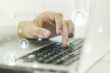 Poster - Double exposure of social network icons concept with hand typing on computer keyboard on background. Networking concept