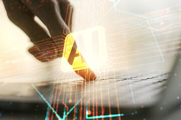 Poster - Double exposure of creative artificial Intelligence icon with hands typing on laptop on background. Neural networks and machine learning concept