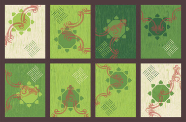 Poster - Portfolio unique vintage design vector set. Abstract green backdrop graphic shapes on cover book presentation. Minimal wall decoration poster templates.