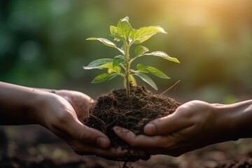 Plant growing from soil held in hands. Environmental protection. Ai Generative image