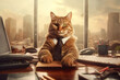 Cat top manager in a suit sitting in the big office. Generative ai illustration of office animal worker.