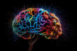 © ADDICTIVE STOCK - Creative generative AI illustration of colorful brain with pixels and wires levitating against black background