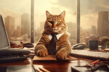 Cat Top Manager In A Suit Sitting In The Big Office. Generative Ai Illustration Of Office Animal Worker.