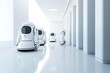 © ADDICTIVE STOCK - Generative AI illustration of modern white smart robots moving out in line over white smooth floor in bright passage of innovative modern apartment