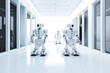 © ADDICTIVE STOCK - Generative AI illustration of group of white smart modern robots standing in passage of bright modern apartment