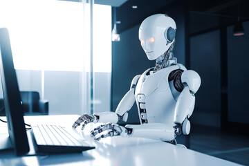 Generative AI illustration of modern robot with bright eyes and connecting wire neck siting at table and typing on desktop computer in office room
