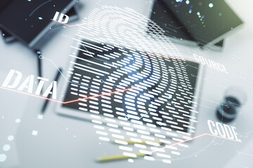 Aufkleber - Multi exposure of abstract fingerprint scan interface and modern digital tablet on background, digital access concept
