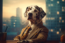 Dog Top Manager In A Suit Sitting In The Big Office. Generative Ai Illustration Of Office Animal Worker.