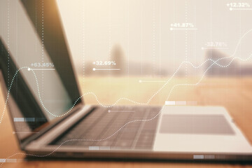 Poster - Multi exposure of creative statistics data hologram on laptop background, stats and analytics concept