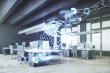 Aufkleber - Abstract virtual robotics technology hologram with globe sketch on a modern furnished office background. Robot development and automation concept. Multiexposure