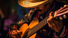 A Masculine Man Dons A Traditional Mexican Sombrero, Strumming A Guitar That, Along With The Vibrant Hat, Bursts With A Riot Of Colors, Infusing The Scene With Rich Cultural Hues.
