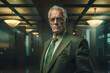 © ADDICTIVE STOCK - Generative AI illustration of portrait of mature with glasses businessman in elegant suit looking at camera while standing near illuminated in hall