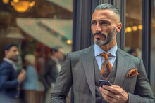 Generative AI Illustration Of Bearded Adult Businessman With Mobile Phone In Elegant Suit Looking Away While Standing Near Glass Wall