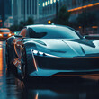 © ADDICTIVE STOCK - Generative AI illustration of futuristic car with glowing surface driving down street in illuminated modern district in night
