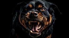 Large Aggressive Rottweiler Dog. Aggressive Look, Hate Filled Eyes Angry Looking Rottweiler. Rottweiler Barking On Black Dark Background. Generative AI