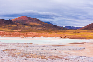 Wall Mural - Frozen lagoon surrounded by hills in Piedras Rojas park in Atacama desert