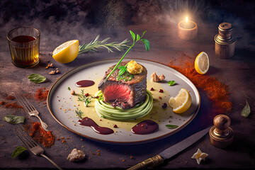 Wall Mural - Filet Mignon steak on a dark background - Generative AI