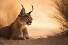 Beautiful Portrait Of A Caracal Sitting In The African Desert. Amazing African Wildlife. Generative Ai