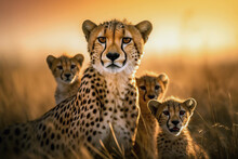 Beautiful Portrait Of A Cheetah Mother And Her Cute Cubs At Sunset. Amazing African Wildlife. Generative Ai