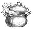 Boiling saucepan with lid. Cooking pot with smoke. Hand drawn sketch engraving illustration