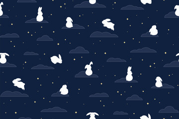 Wall Mural - Cute rabbits, clouds, stars seamless pattern on blue background. Hand drawn vector illustration. Flat style design. Traditional Asian holiday Mid Autumn Festival print, packaging, paper