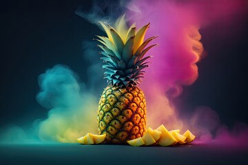 a pineapple photographed in the dark with colorfull smoke background, ai generative