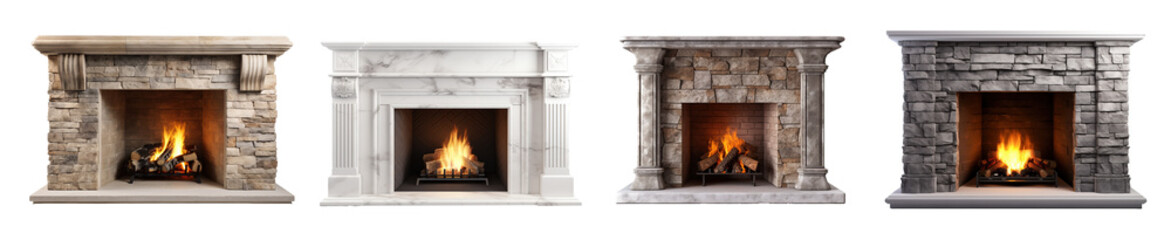 fireplace modern, classic and stone style. beautiful lit fireplaces surrounded by modern tile. isola